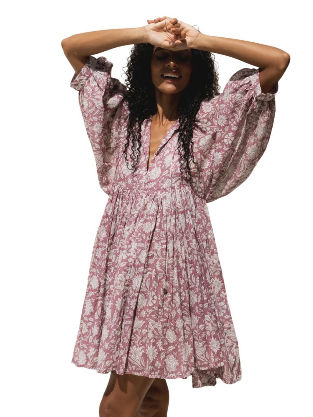 Daughters of India Kyra Mini Dress in Musk purple S small balloon sleeve cotton